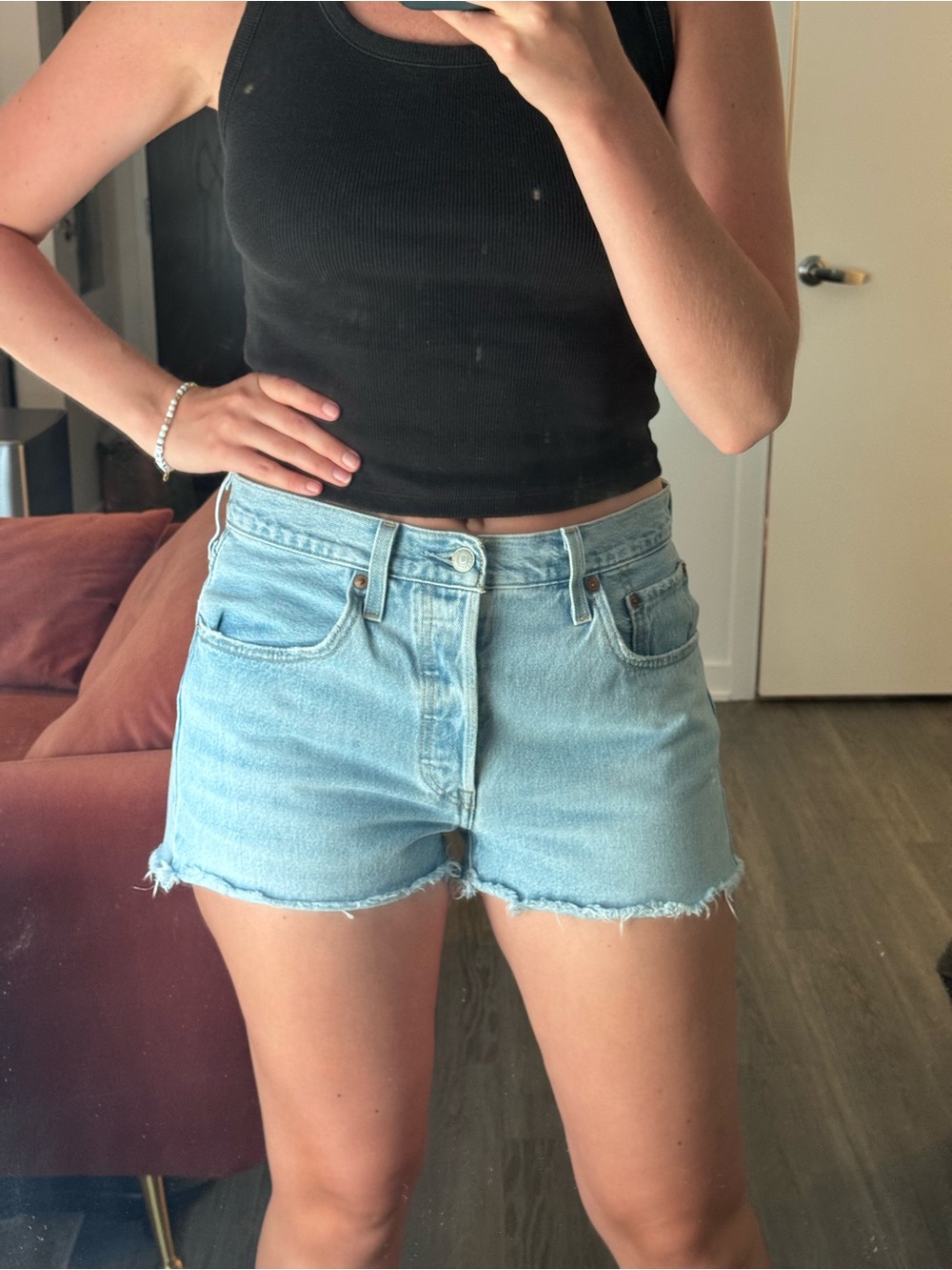 Levi's Light Blue High-Rise Frayed Hem Denim Shorts
